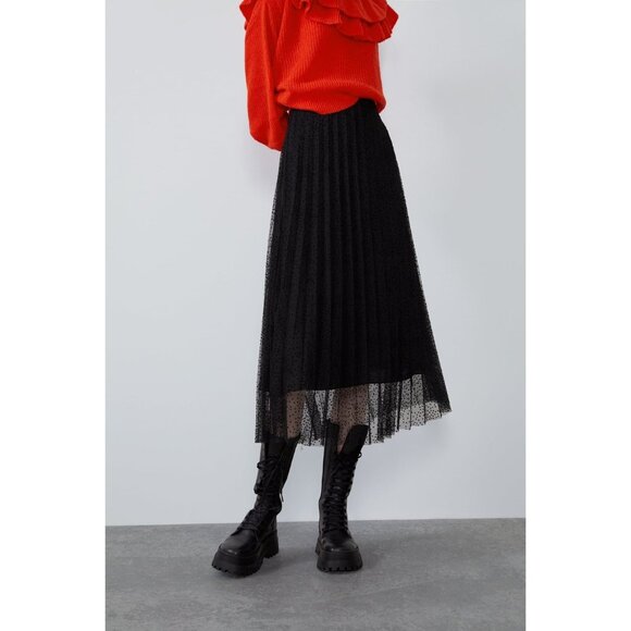 NWOT Zara black polka dot organza mesh overlay pleated skirt, L - Picture 4 of 7